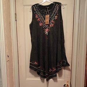 Rivieras Charcoal Tunic with Red and White Embroidery